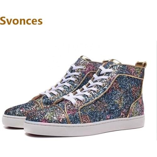 Fashion Unisex Casual Shoes Bling Shinny Glitter Pink Red High Top Platform Bottom Mens Boots Lace-Up Luxury Designer Shoes Men