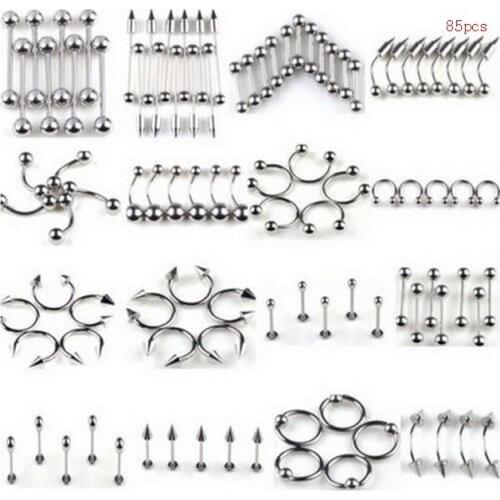 85 PCS Piercing Kit Tongue Nail Mixed Set Stainless Steel Lip Belly Eyebrow Fake Septum Nose Stud Navel Ring Jewelry Wholesale