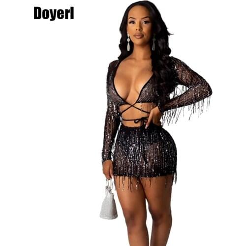 Bodycon Sequin Two Piece Set Women Sexy Club Outfits Tassel Crop Top and Mini Skirt Set Party Elegant 2 Piece Set Women 2020