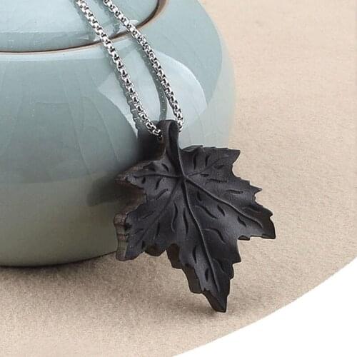 Ethnic Wooden Maple Leaf Pendant Necklace Men Long Chain Stainless Steel Necklace for Women Accessories Best Friends Gift
