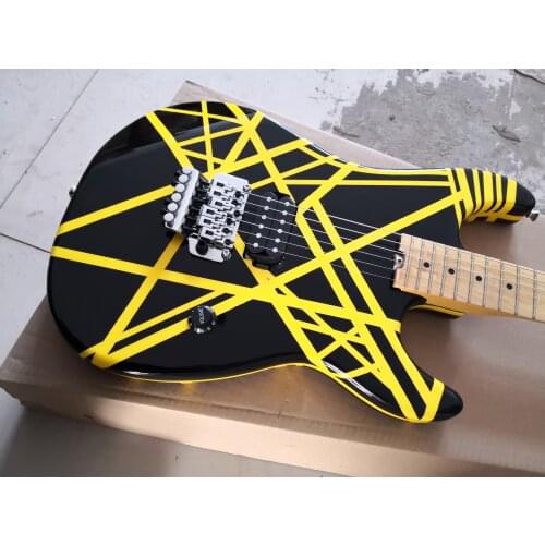 Free shipping custom 6 string guitar, black yellow stripe guitar,basswood body,tremolo bridge,black pickups,chromebutton