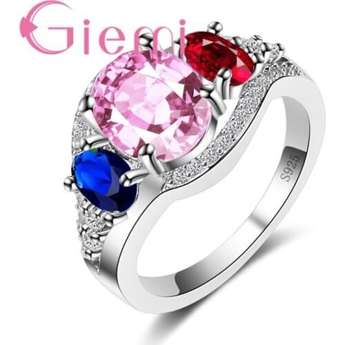 Pink Round/Dark Blue/Red Oval Jewelry Rings 925 Sterling Silver Jewelry Wedding Ring Open Design Female Jewelry Gifts