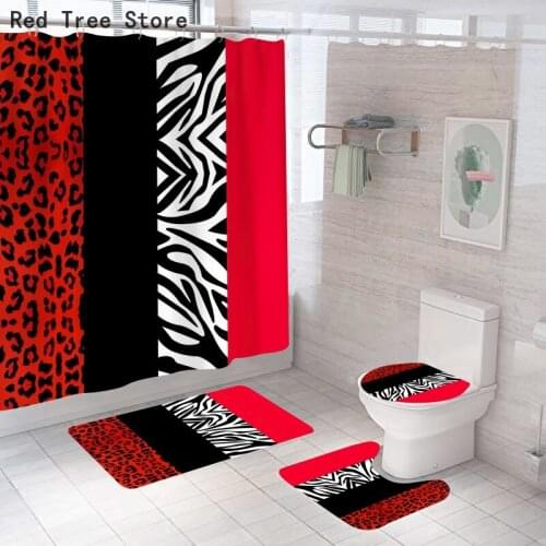 Leopard Red Black Print 3D Pattern Set Waterproof Shower Curtain 12 Hooks Polyester Non-Slip U Shape Mat Rug Toilet Covers Decor