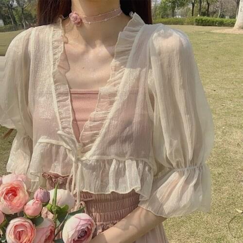 Chiffon Lightweight Women Shirts Summer New 2021 Flare Sleeved Bandage V-Neck Ruffles Flare Sleeved Short Empired Elegant Tops