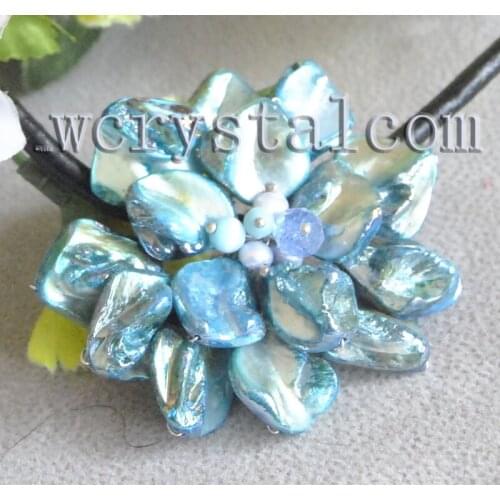 Blue MOP Shell & Different Beads Crystal One flower pendant Necklace Black Leather