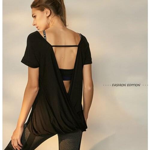 Comfortable Model Top Yoga Top Women Short Sleeve Cross Wrap Backless T-shirt Summer Thin Loose Sport Tee Fitness Clothing