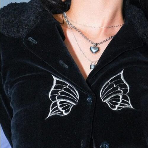 Y2k Harajuku Warm Gothic Velvet T-Shirts Grunge Black Long Sleeve Graphic Embroidery Women Crop Cardigan Bodycon Tops