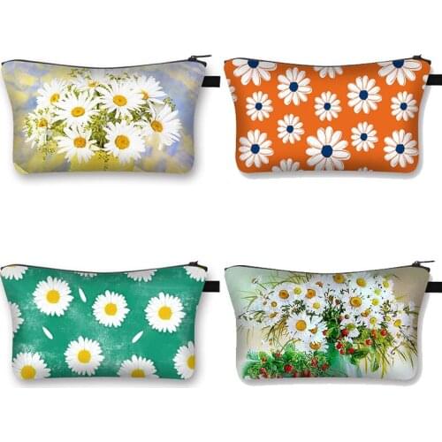 Beautiful Flowers Women Fashion Cosmetic Bag 3D Daisy Printed Pattern Makeup Girls Mini Handbags Gift
