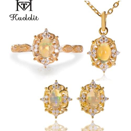 Kuololit Natural Opal Gemstone Stud Earrings For Women 925 Sterling Silver Yellow Gold Pendant Earring Ring Wedding Fine Jewelry