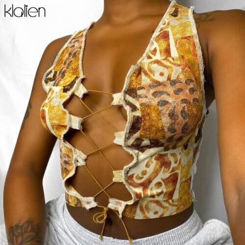 KLALIEN sexy Drawstring bandage print hollow out low chest female tank top summer casual street vest women fashion club top