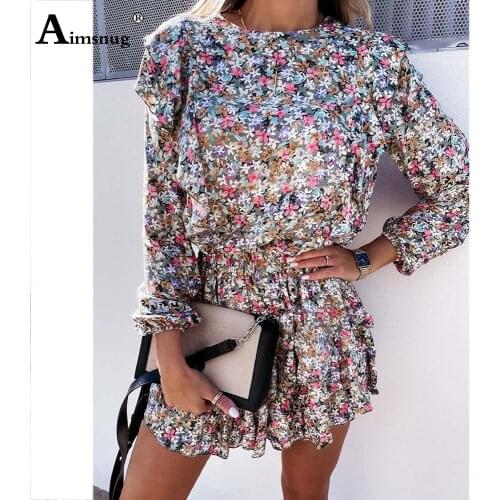 Women Flower Print Sweet Dress For Women Bohemian O Neck Long Sleeve Loose Party Dress 2021 Summer Ruffles Short Dresses Femme