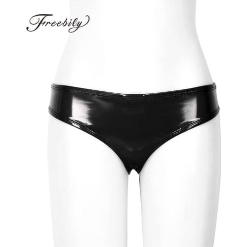 Womens Sexy Lingerie Wet Look Patent Leather Low Rise High Cut Lightweight Mini Bikini Thong Underwear For Lingerie Night
