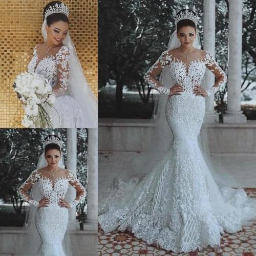 Mermaid Wedding Dresses for Girls Women Sheath Long Sleeves Bride Bridal Gowns Lace Appliques Beach Scoop Neck Customize Made