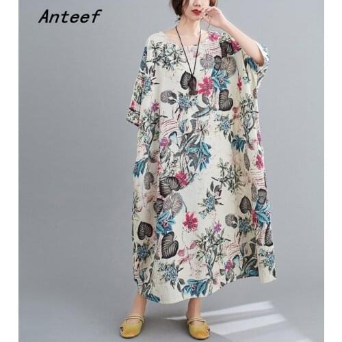 Cotton linen plus size vintage floral women casual loose long summer oversize dress elegant clothes 2021 ladies dresses sundress