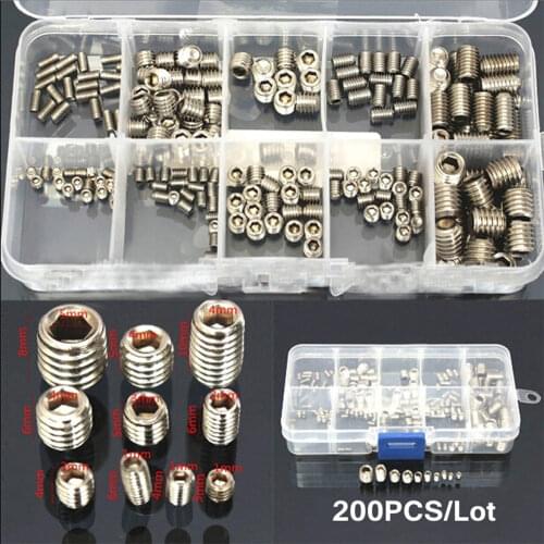 200Pcs/set Stainless Steel Metric Thread Grub Screw Flat Point Hexagon Socket Set Screws Headless Assortment Kit With Box