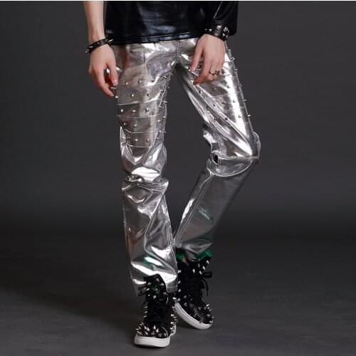 29-38 ! Costume personalized star style dj mens long trousers motorcycle leather pants singer costumes clothing