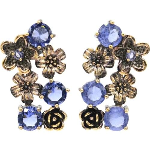 40x11mm Neo-Gothic Vintage Style Created London Blue Topaz Gift For Girls Black Gold Silver Earrings