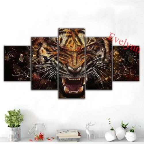 Africa Tiger Growl 5 Pieces Wall Art Print Animal Poster Modular Picture Home Decor Painting Modern Canvas For Living Room Frame