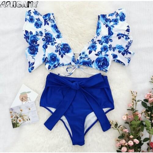 Ashgaily 2021 High Waist Bikinis V Neck Shirring Swimsuit Women Ruffle Bathing Suit y2k Swimwear Drawstring Beachwear