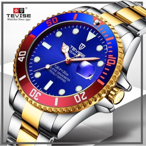 Relogio Masculino Tevise Top Brand Luxury GMT Quartz Watch Men Waterproof Stainless Steel Fashion Casual Watches Dropshipping