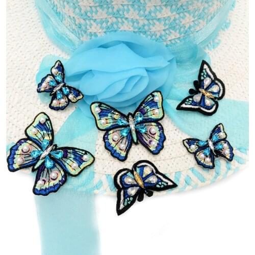 DD1pc Hand made blue butterfly cloth, embroidered cloth, hand sewed clothing accessories, nail beads, DIY clothing patch