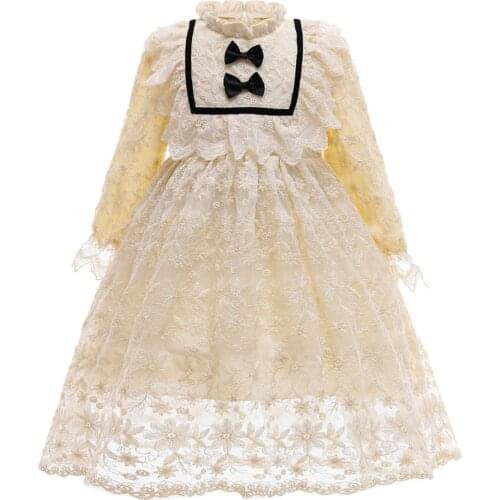 Spring Autumn Girls Kids Long Sleeve Princess Dress Fashion Solid Color Lace Round Neck A-line Princess Dress