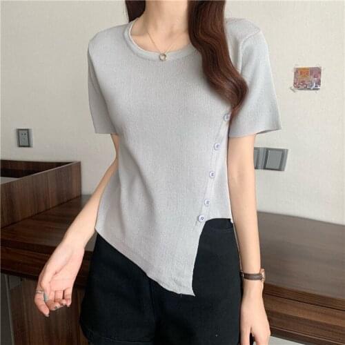 Solid Asymmetric Casual Short Sleeve T-shirt Women 2021 Summer Irregular Split Thin Knitted T-shirt Slim Simple Bottoming Top