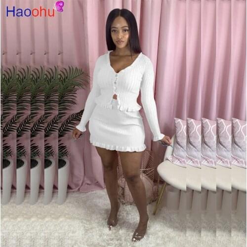 HAOOHU Sexy Knitted Two Piece Set Long Sleeve Bodycon Mini Dress 2020 Fall Clothes for Women Birthday Night Club Party Dresses