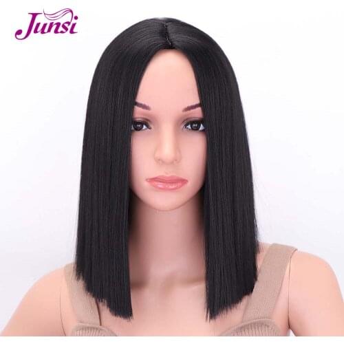 JUNSI Short Wig Black Bob High Temperature Fiber Synthetic Wig Medium Ombre Red Straight Bob Hair
