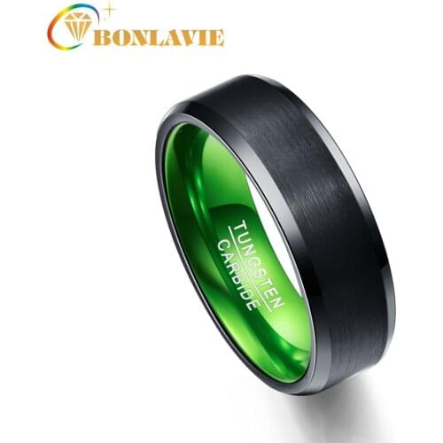 BONLAVIE Top Quality Ring 8MM Wide Black Flat Matte Surface Green Inner Ring Tungsten Steel Ring for Woman Man