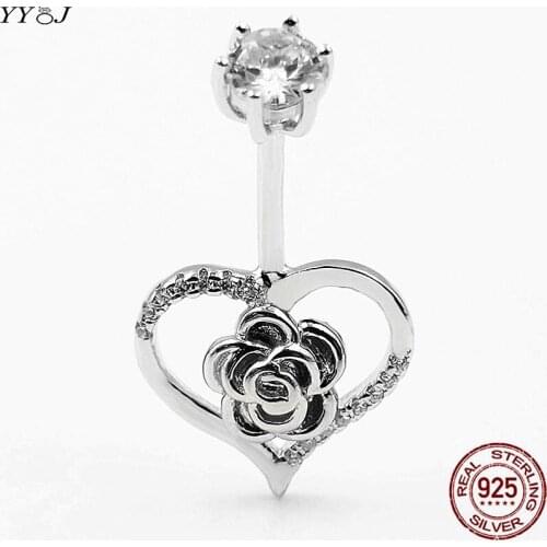 Crystal zircon stone heart belly button ring navel piercing jewelry 925 sterling silver women hypoallergenic body barjewelry