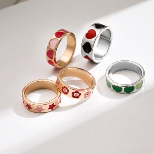 UMKA Vintage Bohemia Colorful Enamel Love Heart Ring Cute Simple Metal Gold Silver Color Rings for Women Punk Rock Jewelry
