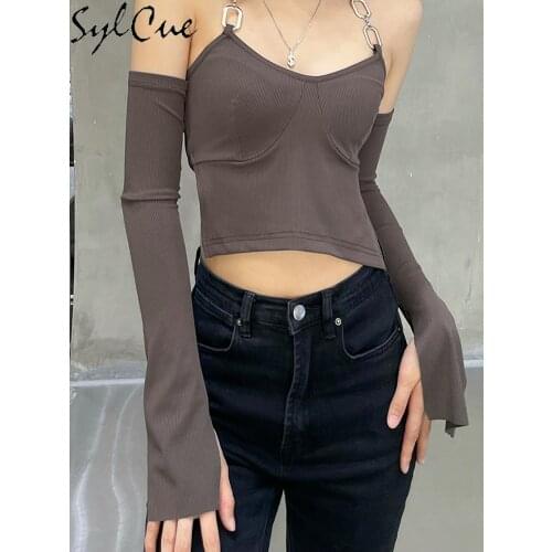 Sylcue Autumn new small halter paired with sexy fashionable yamamoto flared sleeves slim fit soft Comfortable wild crop top cool