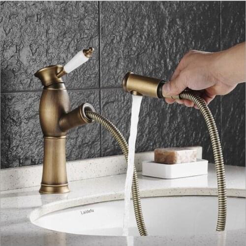 Brass Water Mixer Tap Pull Out Bathroom Basin Faucets Bath Basin Sink Faucet Antique Torneira Bathroom Faucet Mixer