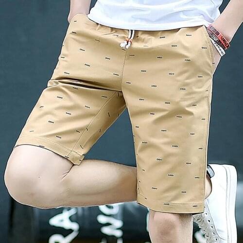 Men Casual Shorts Fishbone Print Drawstring Pockets Cotton Beach Shorts Fifth Pants шорты мужские Summer 2021