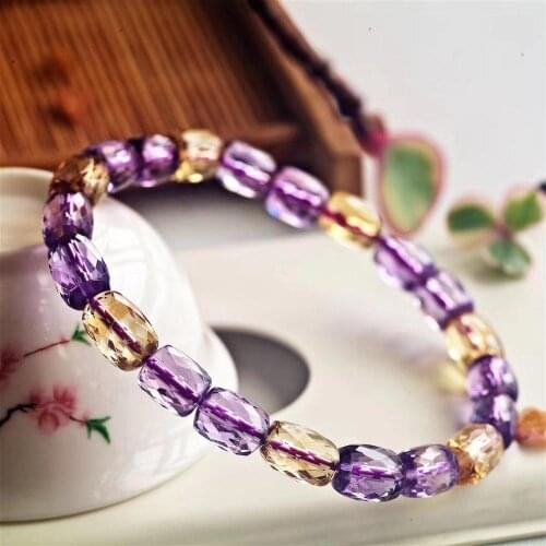 Genuine Natural Amethyst CItrine Quartz Yellow Purple Bracelet Women Men Faceted Barrel Beads 6x7mm Stretch Crystal AAAAA