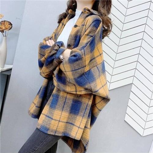 Novel Autumn Plaid Shirt Jacket Vintage Shirt Harajuku BF Thick Coat Single Breasted Streetwear Long Sleeve Office jacket