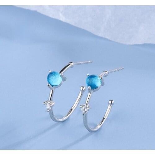 New Blue Glass Silver Plated Earrings Fashion CZ White Zircon Anti Allergy Women Earrings Charm Womens Daily Wear Party Jewelry