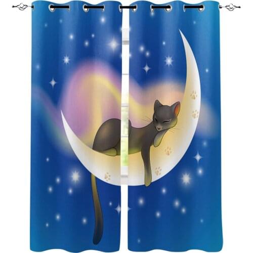 Moon Cat Window Curtains LivingRoom Kitchen Curtains Left and Right Biparting Open