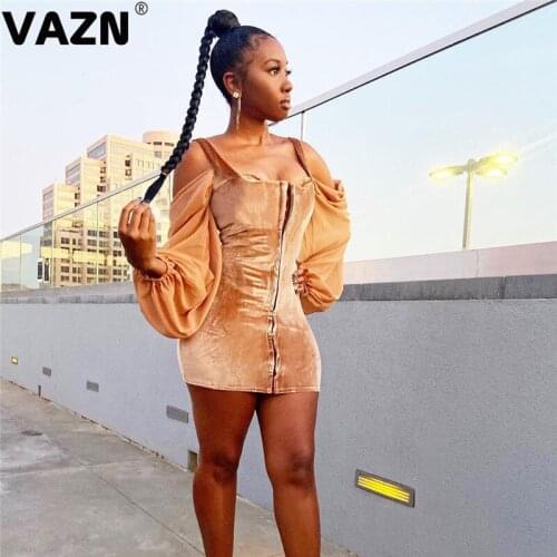 VAZN Young Sweet 2020 Sexy Lady Solid Golden Yellow Mini Dress Full Sleeev Slash Neck Off The Shoulder Sleeve Dress Sheath Dress