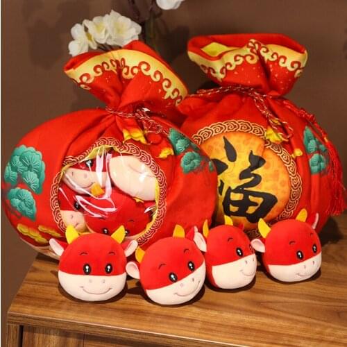 A Plushie Bag Pudding Toys Mini Animals Doll Cattle Doll 2021 Year Chinese Zodiac Ox Cattle Plush Toys Red Milk Cow Pillow Gift