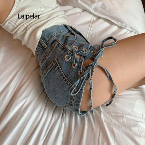 Sexy Bandage Denim Shorts Women Lace Up Pocket Jeans Shorts Korean Fashion Summer Hot Shorts