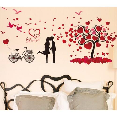 [shijuekongjian] Couples Tree Wall Stickers DIY Cartoon Bike Birds Mural Decals for Living Room Bedroom Wedding House Decoration