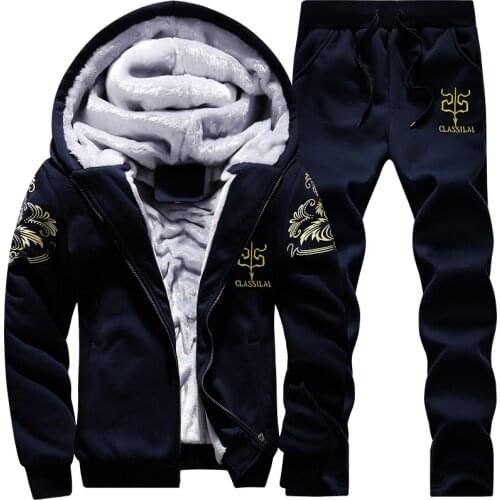 Sporting Clothing Pant Suit Men Warm Fur Inside Winter Sweatshirt Tracksuit Men Fleece Thick Hooded Casual Outerwear Jacket Pant