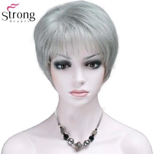StrongBeauty Short Layered Fluffy Silver Grey Full Synthetic Wig for Women