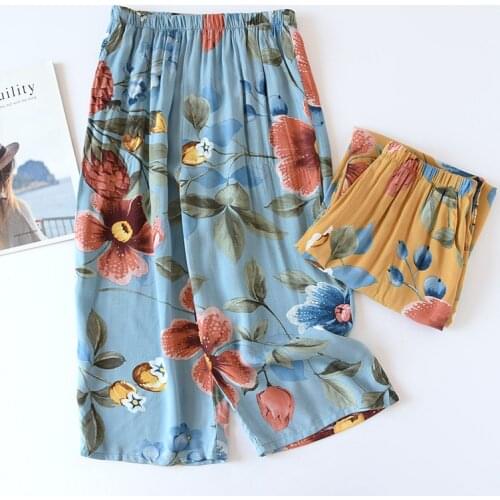 Fdfklak Blue/Yellow Floral Print Loose Elasticity Home Trousers Cotton Cropped Pajama Pants 2021 Summer New Sleepwear Pyjama