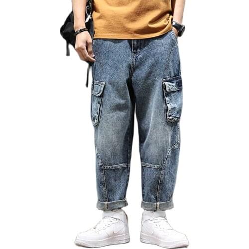Plus Size Trend Baggy Cargo Pants Men Casual Overalls Denim Streetwear Trousers Pocket Patchwork Harem Jeans Clothing