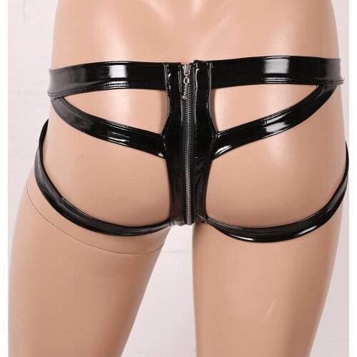 Sexy Men Underwear WetLook Patent Leather Briefs Open Butt Hollow Out Gay Jockstrap Zipper Open Crotch Bondage Lingerie