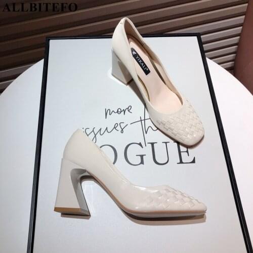 ALLBITEFO Weaving Design Spring Fashion Leisure High Heel Shoes Women Heels Shoes High Heels Square Toe Office Work Shoes