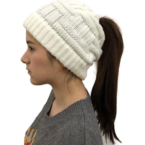 Womens High Messy Bun Beanie Hat with Ponytail Hole Winter Warm Trendy Knit Ski Skull Cap